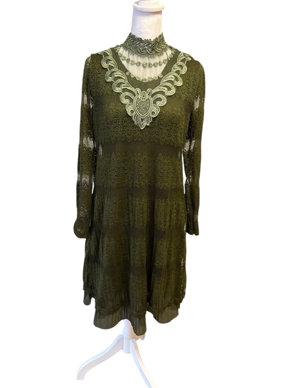 Olive Gorgeous Green Lace A-Line Dress with Embroidered Neckline